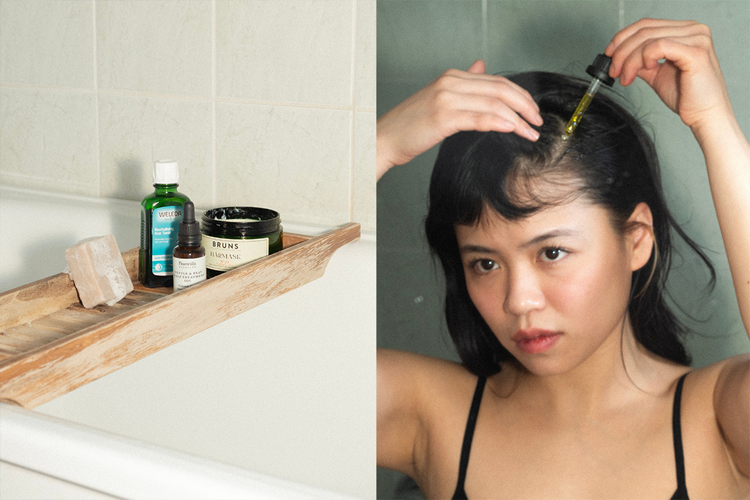 Vasemmalla nainen levittämässä öljyä hiuspohjaan, oikealla tekee quashaa -hoitoa