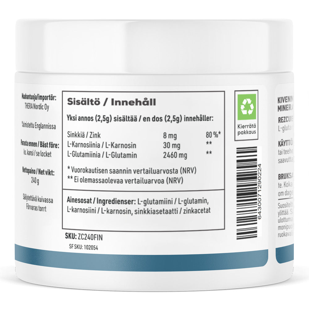 REZCUE Sinkkikarnosiini + Glutamiini, 240 g