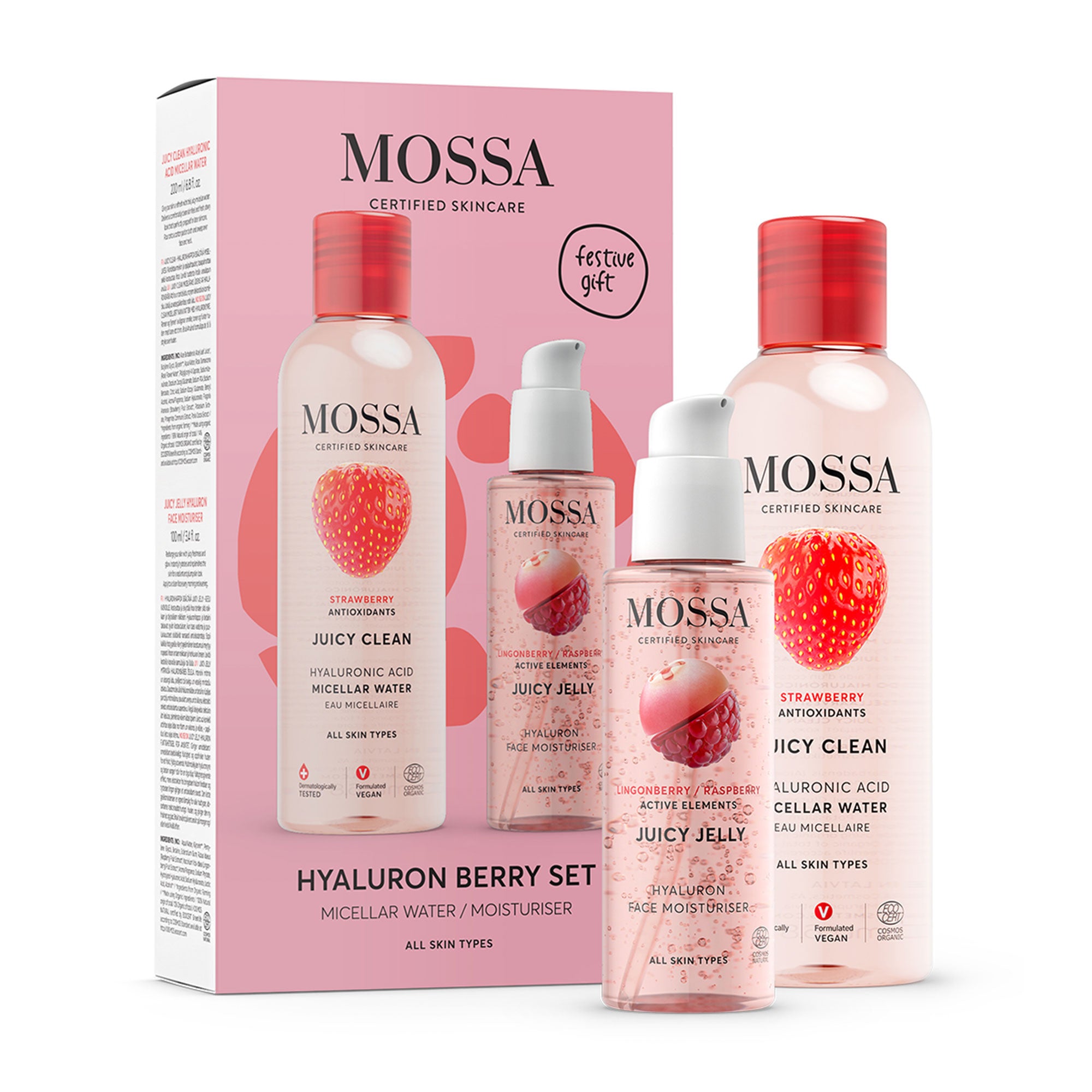 Mossa Juicy Berry Duo Set lahjapakkaus, 200+100 ml - misellivesi + hyaluronihapposeerumi