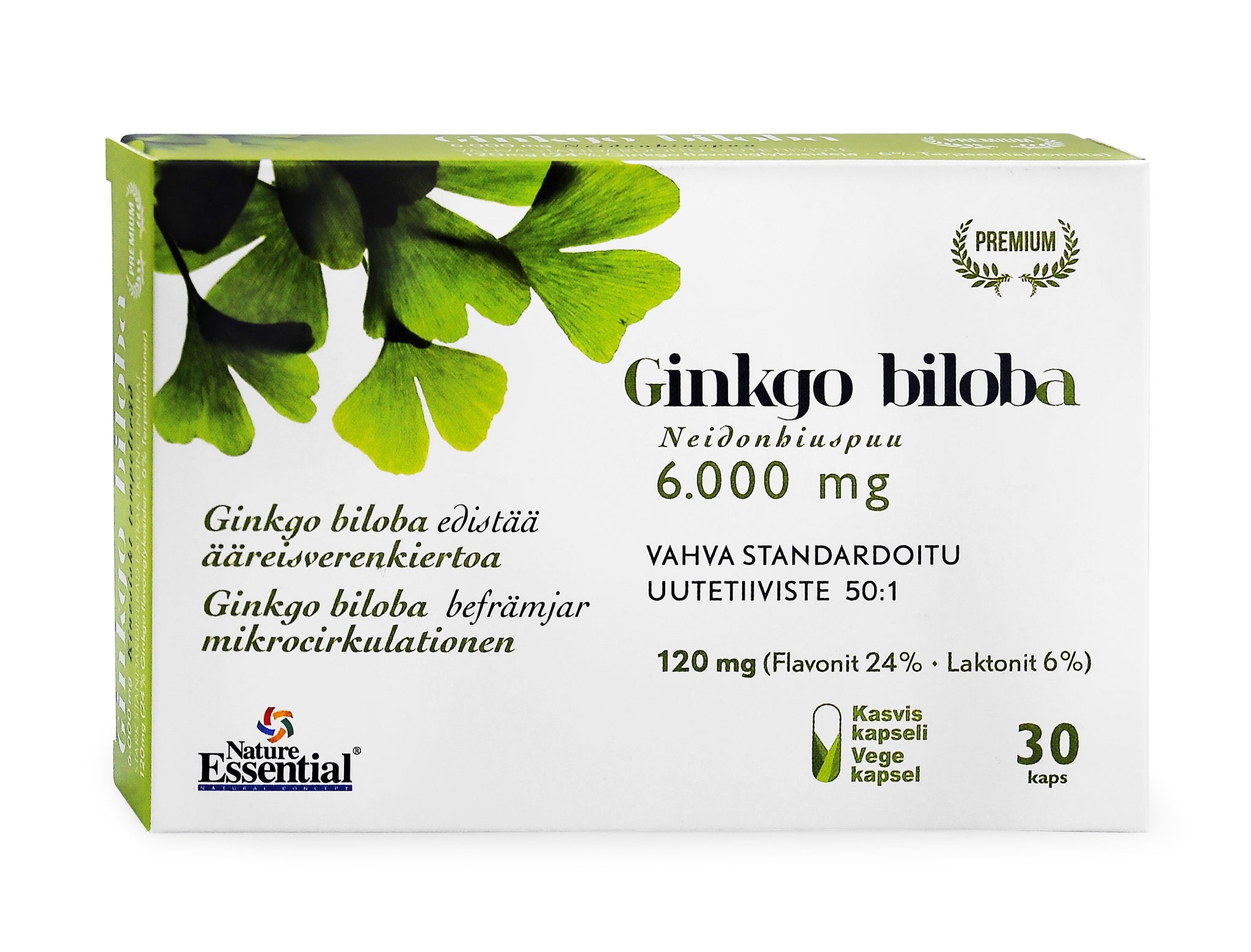Ginkgo-neidonhiuspuu 6.000 mg + punaviininlehti + B1vitamiini + B2vitamiini + B12vitamiini