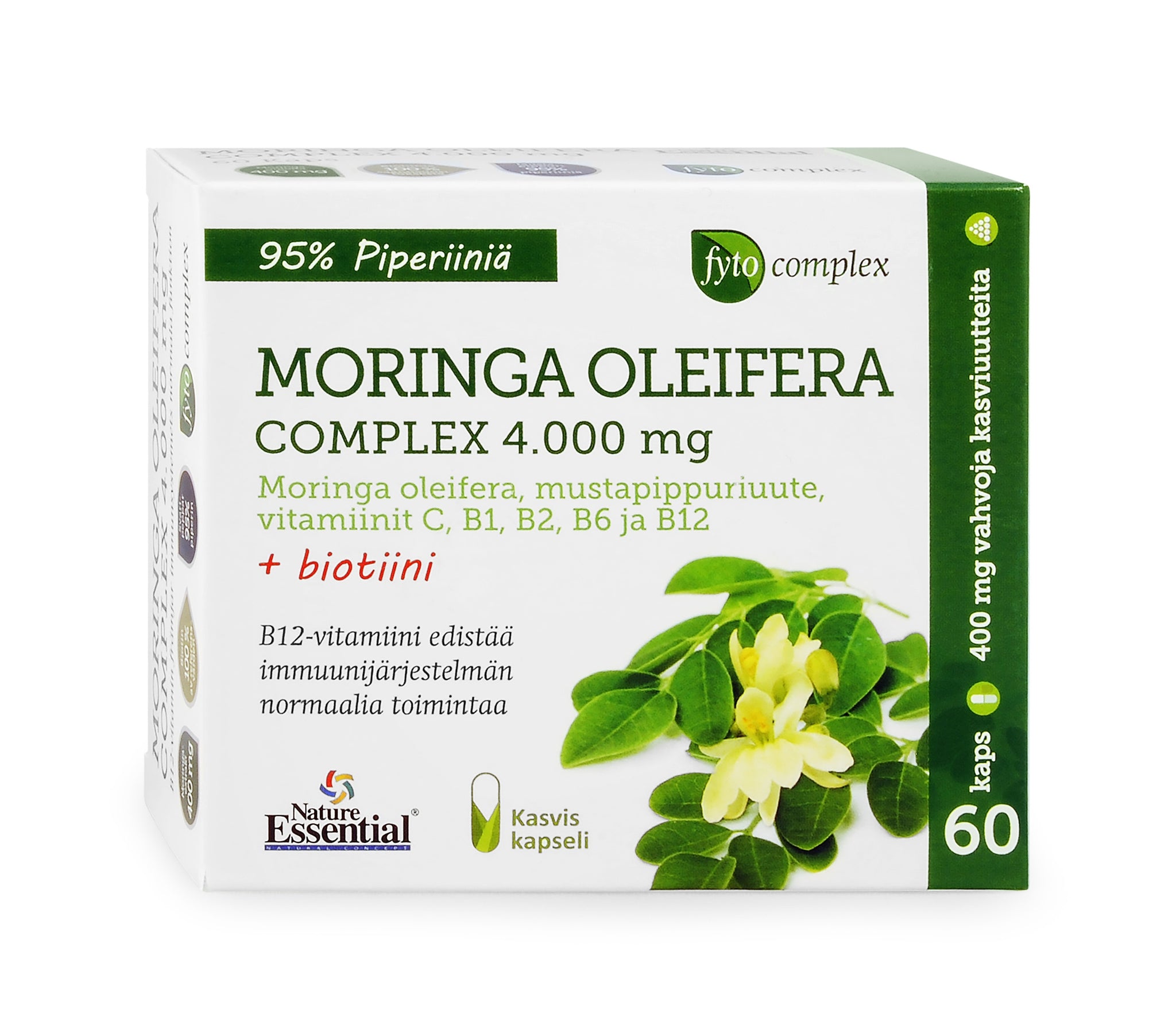 Moringa 4000 mg + Sinkki + C + B2 + B6 + B1 + B12 + kromi + biotiini + mustapippuri, 60 kpl